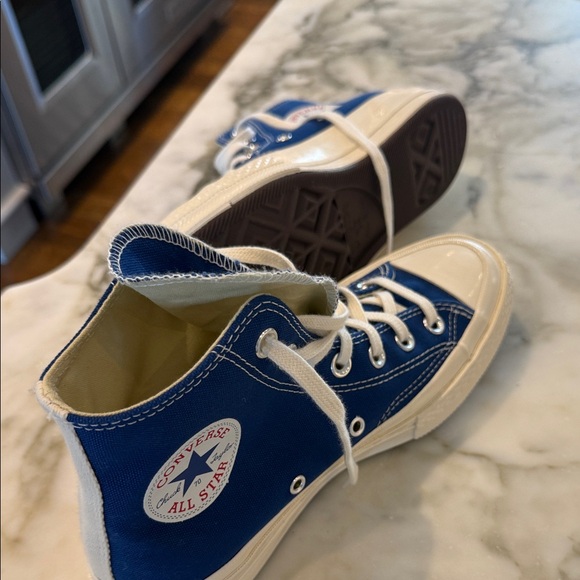 NWOT Comme des Garcons Blue and White High-Top Sneakers - Chuck Taylor - Picture 2 of 5